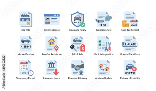 Vehicle documents icons showing registration items on white background
