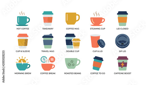 Coffee and takeaway cup icons arranged in grid on white background