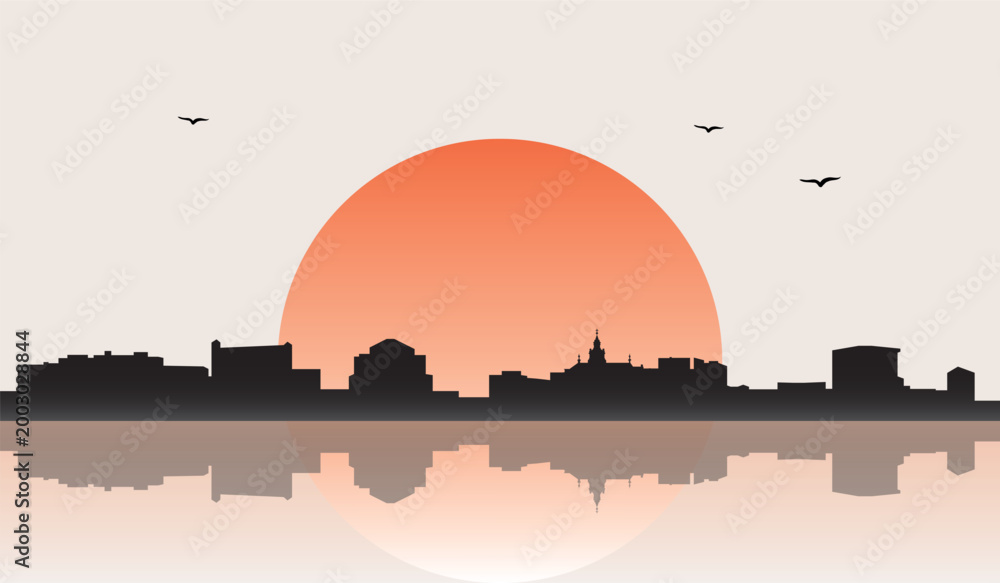 Obraz premium Minimalist contemporary Japanese-style drawing of a half sun skyline with water reflection poster panorama of KRAKOW, POLAND