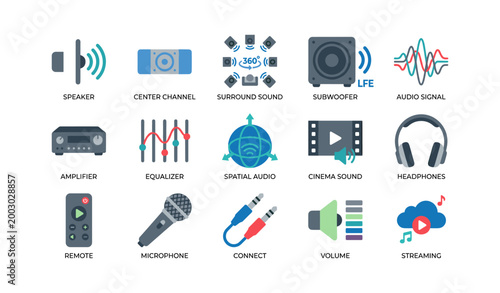 Audio equipment and sound icons arranged on white background