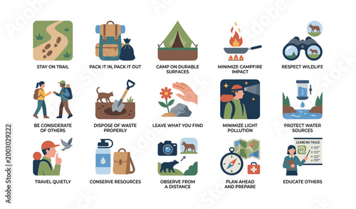 Leave no trace rule icons arranged in grid on white background