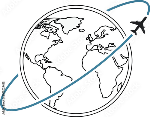 An airplane flies in a circular path around a simplistic outline of the planet earth representing global travel and transportation services.