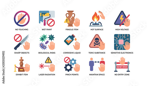 Safety warning icons indicating no touching hazards and restricted areas