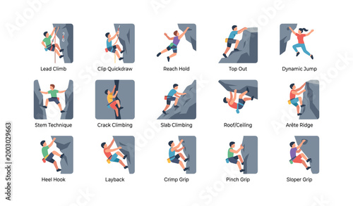 Rock climbing technique icons with climbers on rock holds