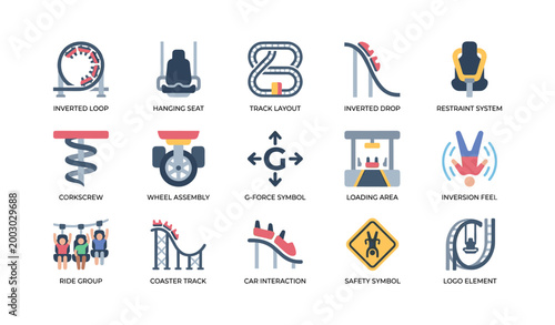 Roller coaster parts and ride mechanics icons on white background