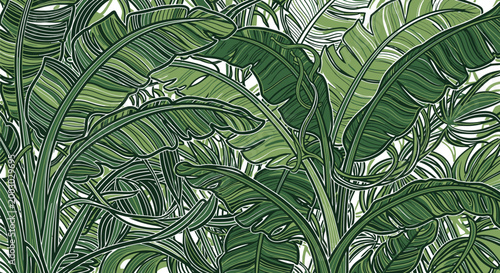 Stylized seamless pattern featuring vibrant green banana leaves and other tropical foliage creating a lush, dense jungle-inspired botanical background design for various projects.