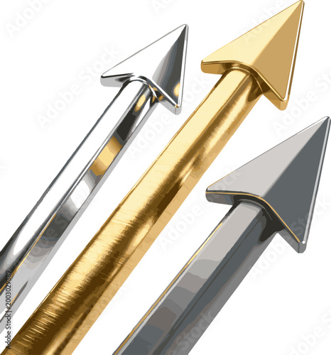Create a realistic Three metals arrows pointing up isolated on white. Rising, growth concept. 3d rendering vector art with white background.