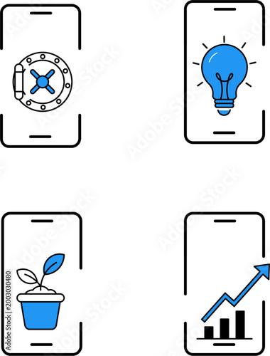 Investment and growth icons on smartphone. Mobile banking and financial strategy set