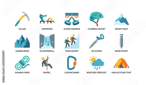 Mountaineering equipment icons arranged in grid on white background
