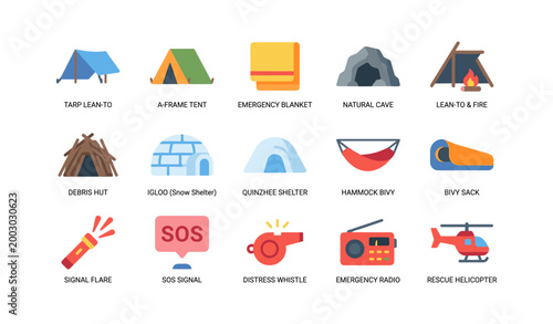 Camping and rescue icons arranged in grid on white background