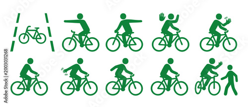 Bicycle Hand Signals Set for Cyclists, Road Safety and Traffic Rules Guide, Flat Green Icons Collection for Urban Biking, Communication Gestures and Directional Signs for Commuters on White Background