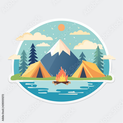 Camping Scene with Tents, Bonfire, and Mountains