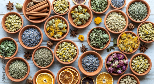 Clay bowls hold dried herbs spices citrus slices plus star anise on wood planks.
