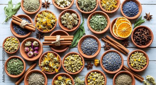 Dried herbs and spices fill round clay bowls arranged on rustic wooden planks.