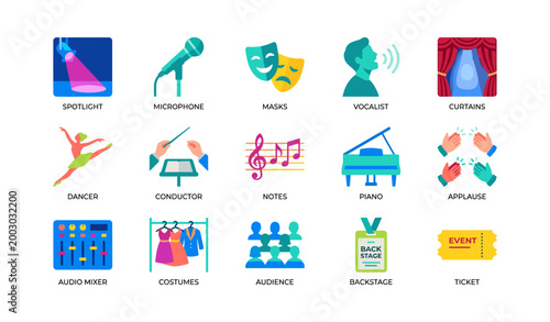 Stage and performance icons grid showing theater and music elements