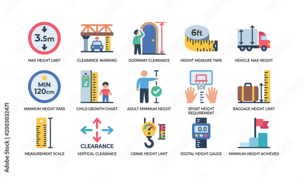 Fototapeta premium Height and clearance icons showing measurement tools on white