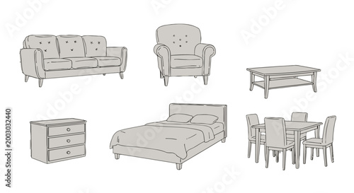 A collection of furniture for living room and bedroom.