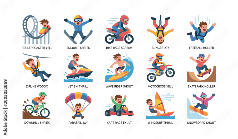 Fototapeta premium Adventure icons showing extreme sports and thrill on white background