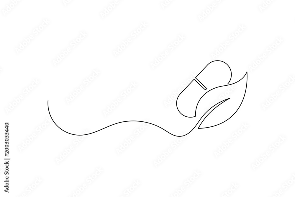 Obraz premium Capsule pill one line drawing with leaf for natural medicine branding