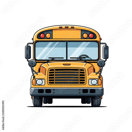 Yellow school bus front view showing black grille headlights and large side.