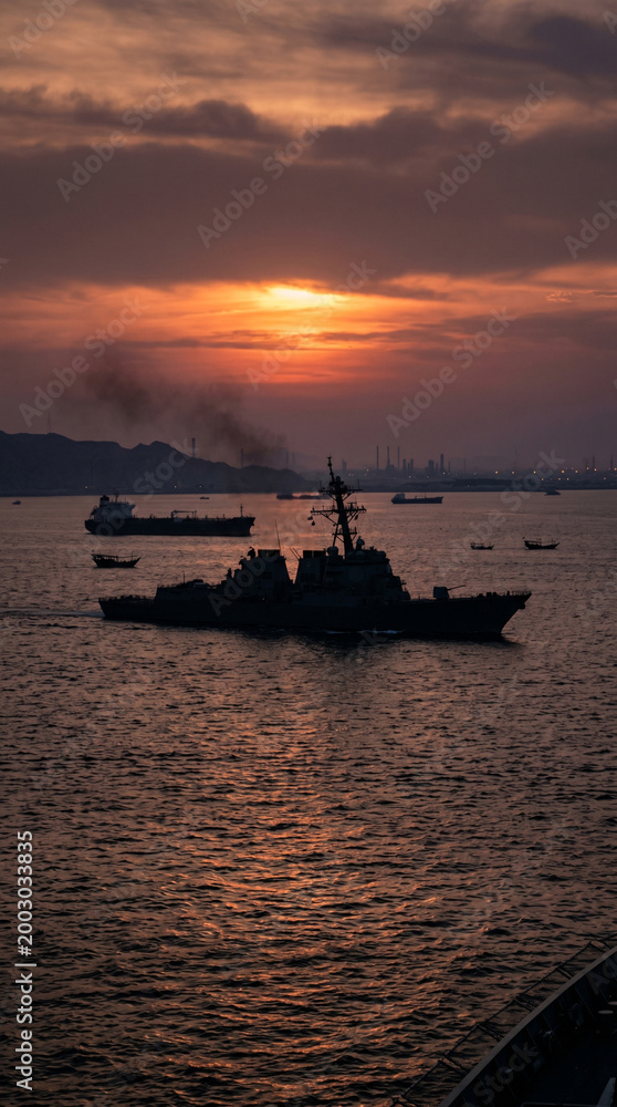 Fototapeta premium Warship silhouette in Persian Gulf, geopolitical tension