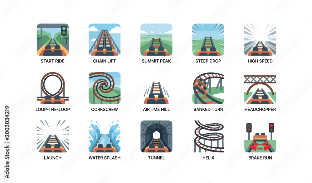 Fototapeta premium Roller coaster point of view icons arranged in square frames