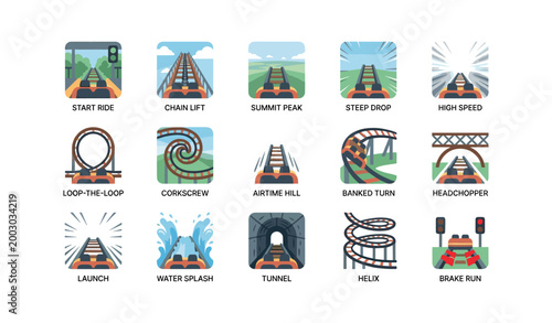Roller coaster point of view icons arranged in square frames