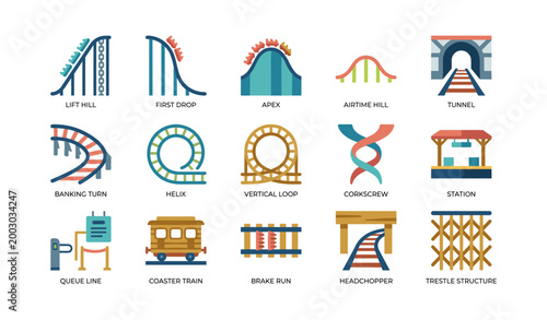 Roller coaster element icons arranged in labeled grid on white