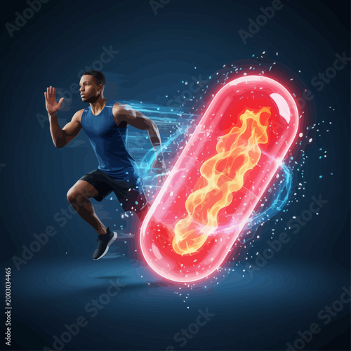Bilde på lerret Man runs quickly with a glowing red pill beside him in a dark room