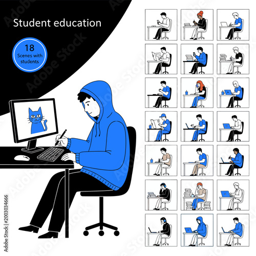 Student sitting at desk working on computer with education illustrations