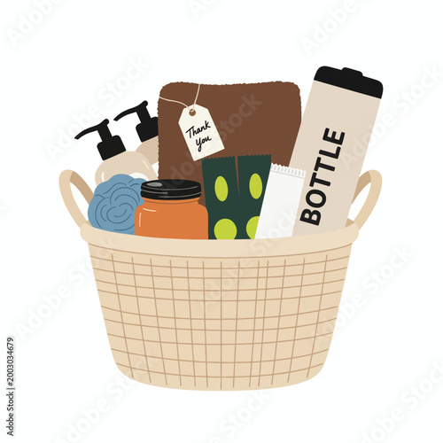 A wicker basket filled with various household items on a table indoors