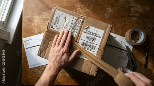 Damaged cardboard package shipping return concept.