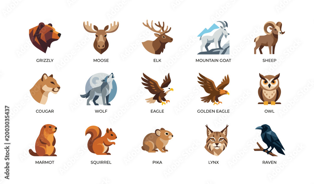 Fototapeta premium Wildlife animal icons showing heads and full bodies on white backdrop