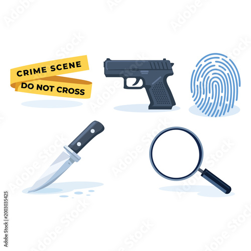Crime scene tape handgun knife fingerprint and magnifying glass for forensic investigation
