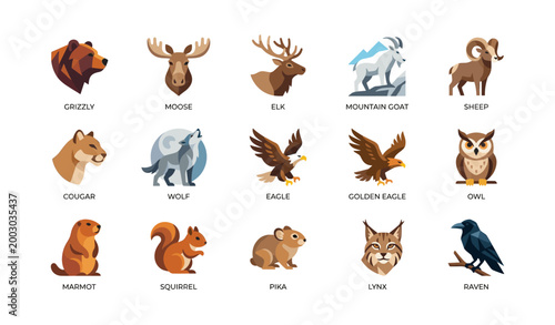Wildlife animal icons showing heads and full bodies on white backdrop