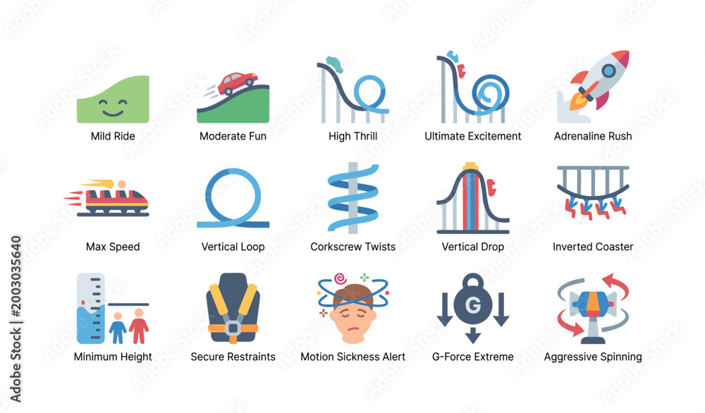 Fototapeta premium Roller coaster and ride icons illustrating thrill levels on white