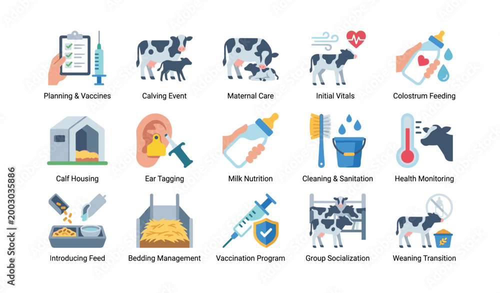 Fototapeta premium Calf care and management icons arranged on white background