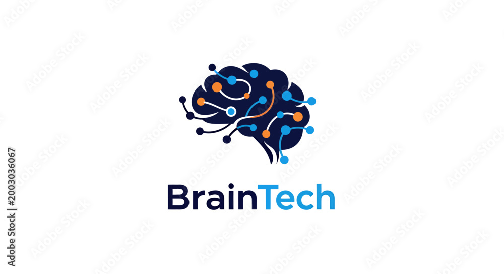 Fototapeta premium BrainTech Logo featuring a stylized neural brain with gears, representing technology and innovation.