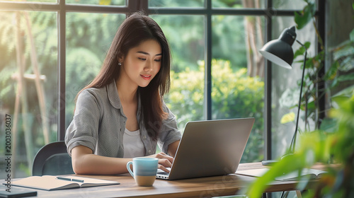 Free Download Young woman working on laptop at home office desk, remote work and online learning concept. Freelancer on computer for business, study, productivity, digital lifestyle and technology. woman, laptop - GFXLoad