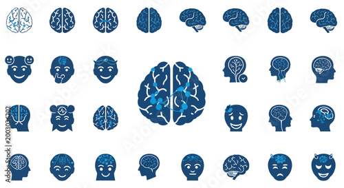 Collection of blue brain and head icons representing states of mind, cognition, and cognitive concepts in abstract design.