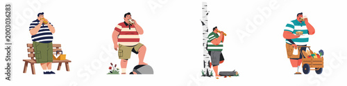 Bild auf Leinwand Set of Vector Illustrations Showing a Plus-Size Man Enjoying Large Sandwiches an