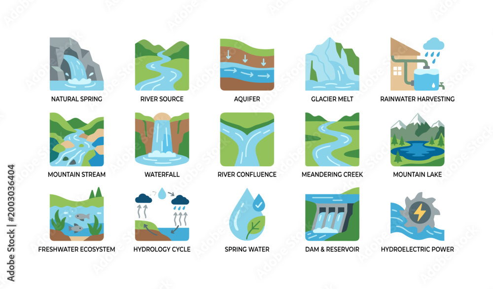 Fototapeta premium Water source icons representing hydrology concepts on white background