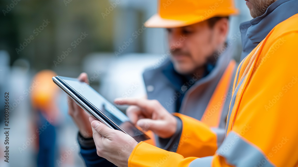 Obraz premium Rear view of construction site professionals reviewing blueprints together on a tablet outdoors, field team collaboration concept, architectural project discussion, on-site