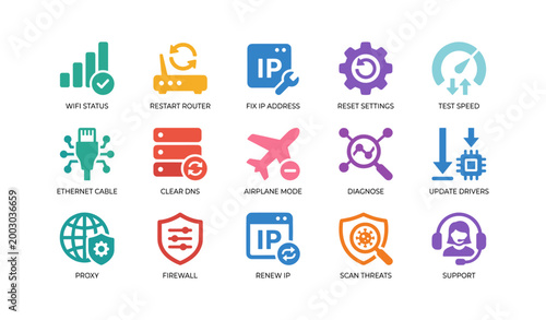 Network troubleshooting icons indicating tools and diagnostics on white