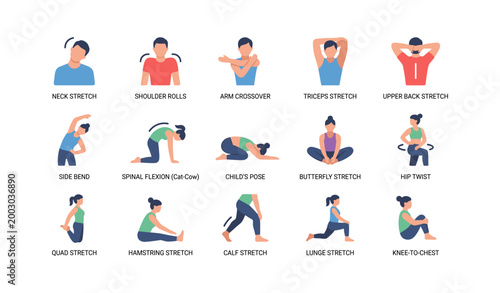 Illustrated stretch exercise icons demonstrating common poses