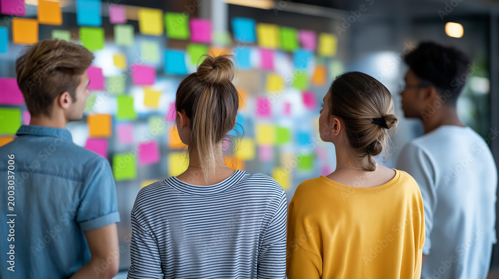 Obraz premium Rear view of a mixed-gender team standing in front of a wall covered in colorful sticky notes, collaborative planning concept, creative team brainstorming, office strategy