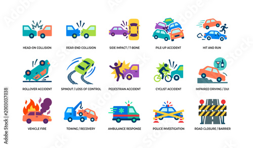 Vehicle accident icons showing collision types on white