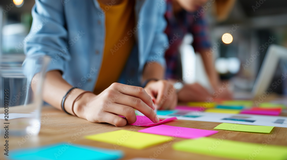 Fototapeta premium Close-up of hands working collaboratively over colorful sticky notes and printed papers on a wooden table, creative workshop concept, team planning session, visual brainstorming,