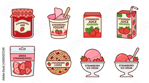 Strawberry food products collection displayed in a vibrant animated motion graphic sequence showcasing various sweet snacks and refreshing fruity drinks