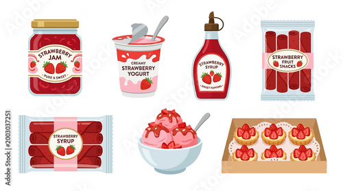 Animated collection of strawberry flavored products in motion showing jam, yogurt, syrup, and desserts